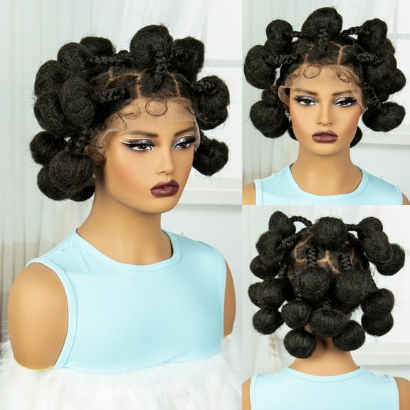 Sedittyhair Bantu Knotless Braids Wig Full Lace With Baby Hair African Braiding Hair for Women Synthetic Full Lace Braided Wig Buns Wig (1B Color)