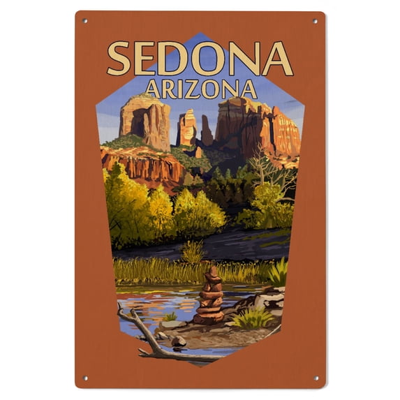 Sedona, Arizona, Cathedral Rock and Cairn, Contour Birch Wood Wall Sign (6x9 Rustic Home Decor, Ready to Hang Art)