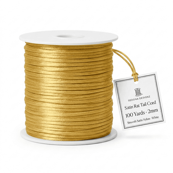 Sedona Designz 2mm Satin Rat Tail Cord String – 100 Yards Roll – Smooth Shiny Nylon Cord for Jewelry Making, Crafts & Decorations - Gold