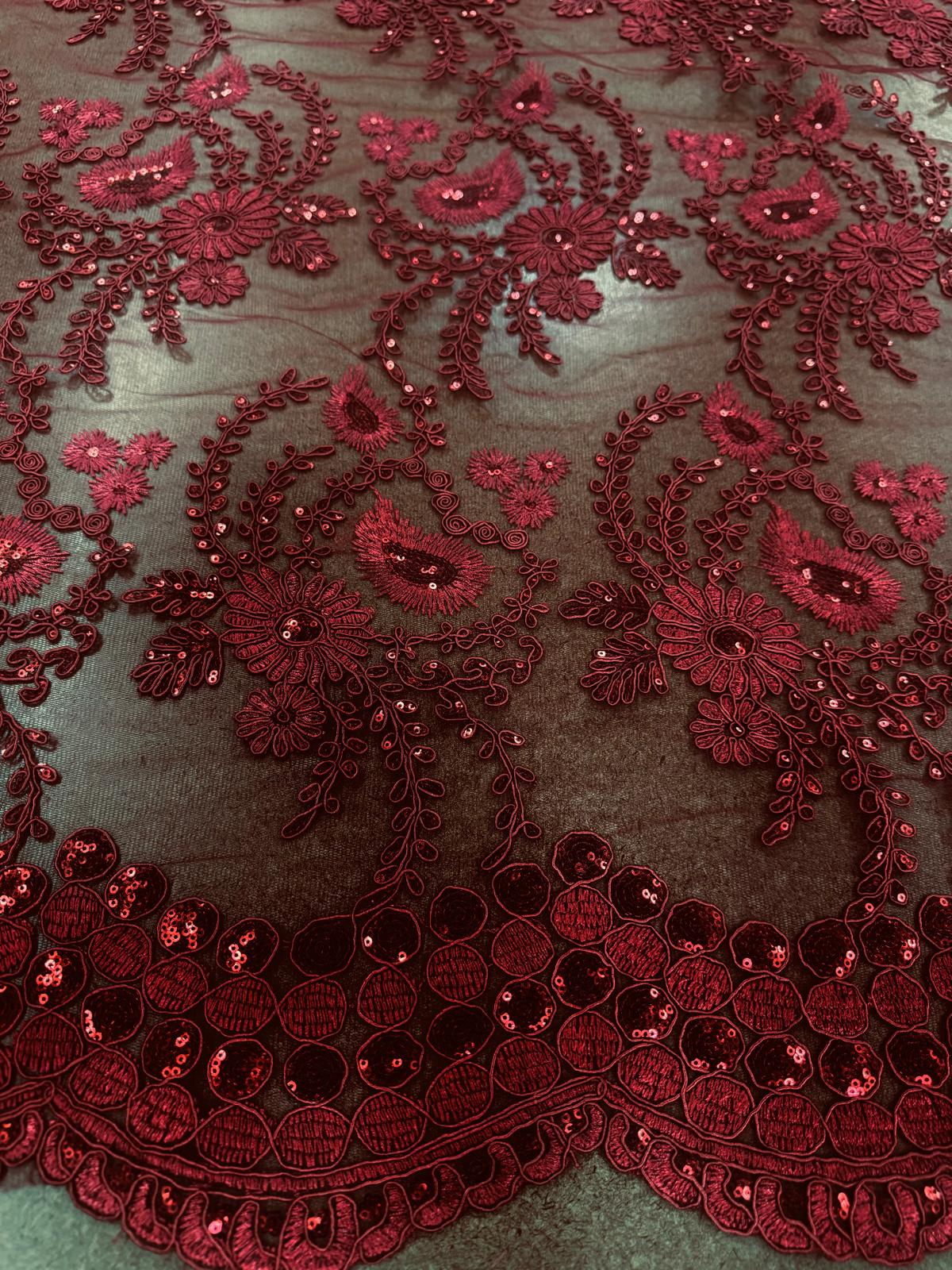 Sedona Designz 48"/50" Wide Corded Floral Lace Fabric with Sequins – Mesh Embroidered Prom & Bridal Fabric with Scalloped Edges, Elegant for Gowns, Décor & Crafts