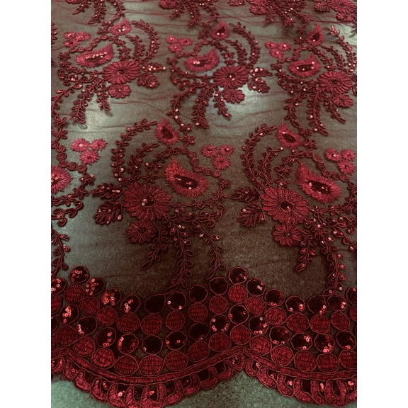 Sedona Designz 48"/50" Wide Corded Floral Lace Fabric with Sequins – Mesh Embroidered Prom & Bridal Fabric with Scalloped Edges, Elegant for Gowns, Décor & Crafts