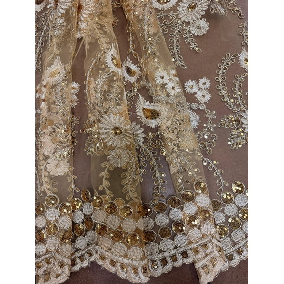 Sedona Designz 48"/50" Wide Corded Floral Lace Fabric with Sequins – Mesh Embroidered Prom & Bridal Fabric with Scalloped Edges, Elegant for Gowns, Décor & Crafts