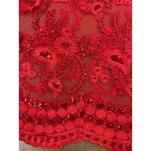 Sedona Designz 48"/50" Wide Corded Floral Lace Fabric with Sequins – Mesh Embroidered Prom & Bridal Fabric with Scalloped Edges, Elegant for Gowns, Décor & Crafts