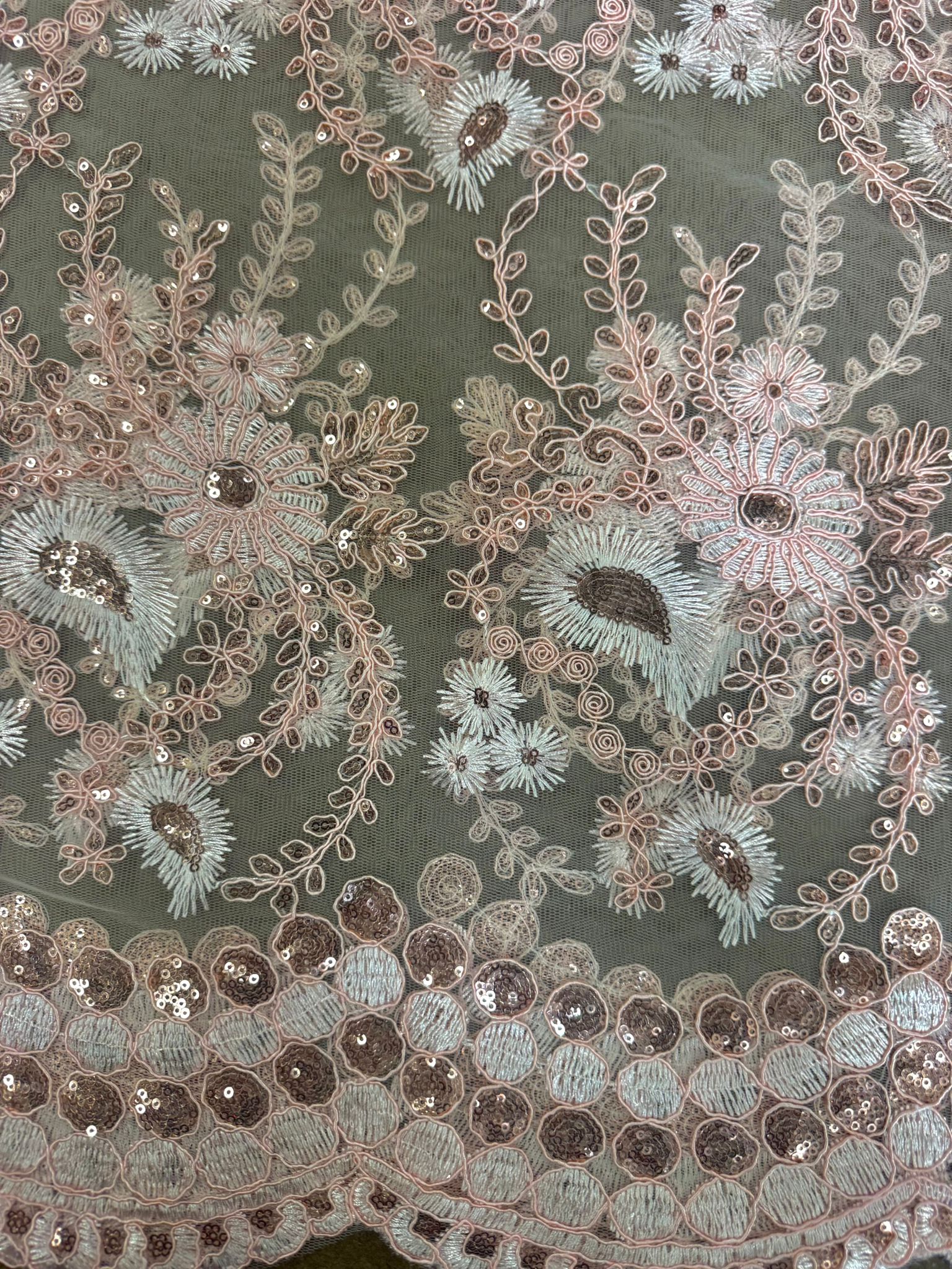 Sedona Designz 48"/50" Wide Corded Floral Lace Fabric with Sequins – Mesh Embroidered Prom & Bridal Fabric with Scalloped Edges, Elegant for Gowns, Décor & Crafts