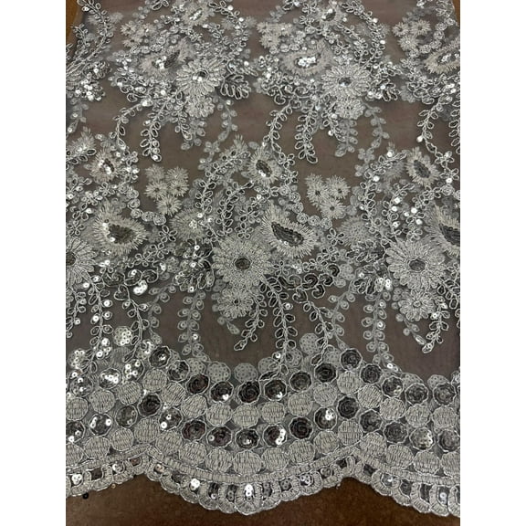 Sedona Designz 48"/50" Wide Corded Floral Lace Fabric with Sequins – Mesh Embroidered Prom & Bridal Fabric with Scalloped Edges, Elegant for Gowns, Décor & Crafts