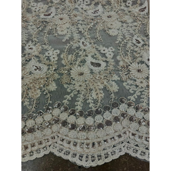 Sedona Designz 48"/50" Wide Corded Floral Lace Fabric with Sequins – Mesh Embroidered Prom & Bridal Fabric with Scalloped Edges, Elegant for Gowns, Décor & Crafts