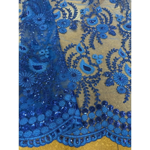 Sedona Designz 48"/50" Wide Corded Floral Lace Fabric with Sequins – Mesh Embroidered Prom & Bridal Fabric with Scalloped Edges, Elegant for Gowns, Décor & Crafts