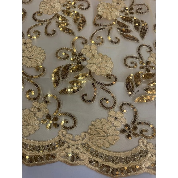 Sedona Designz 48/50" Wide Corded Queen Floral Lace Fabric with Sequins – Mesh Embroidered Fabric with Scalloped Edges for Prom, Bridal Gowns, Décor & Craft Projects