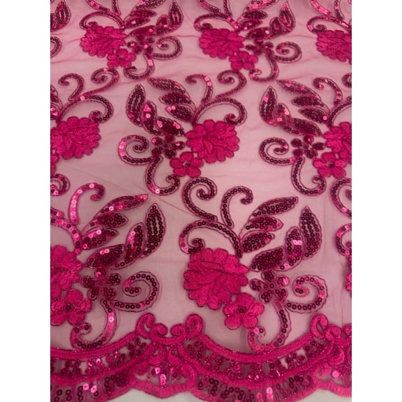 Sedona Designz 48/50" Wide Corded Queen Floral Lace Fabric with Sequins – Mesh Embroidered Fabric with Scalloped Edges for Prom, Bridal Gowns, Décor & Craft Projects