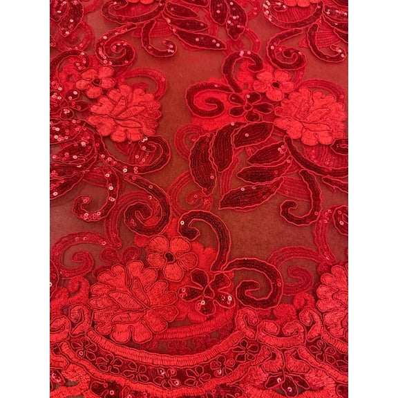 Sedona Designz 48/50" Wide Corded Queen Floral Lace Fabric with Sequins – Mesh Embroidered Fabric with Scalloped Edges for Prom, Bridal Gowns, Décor & Craft Projects