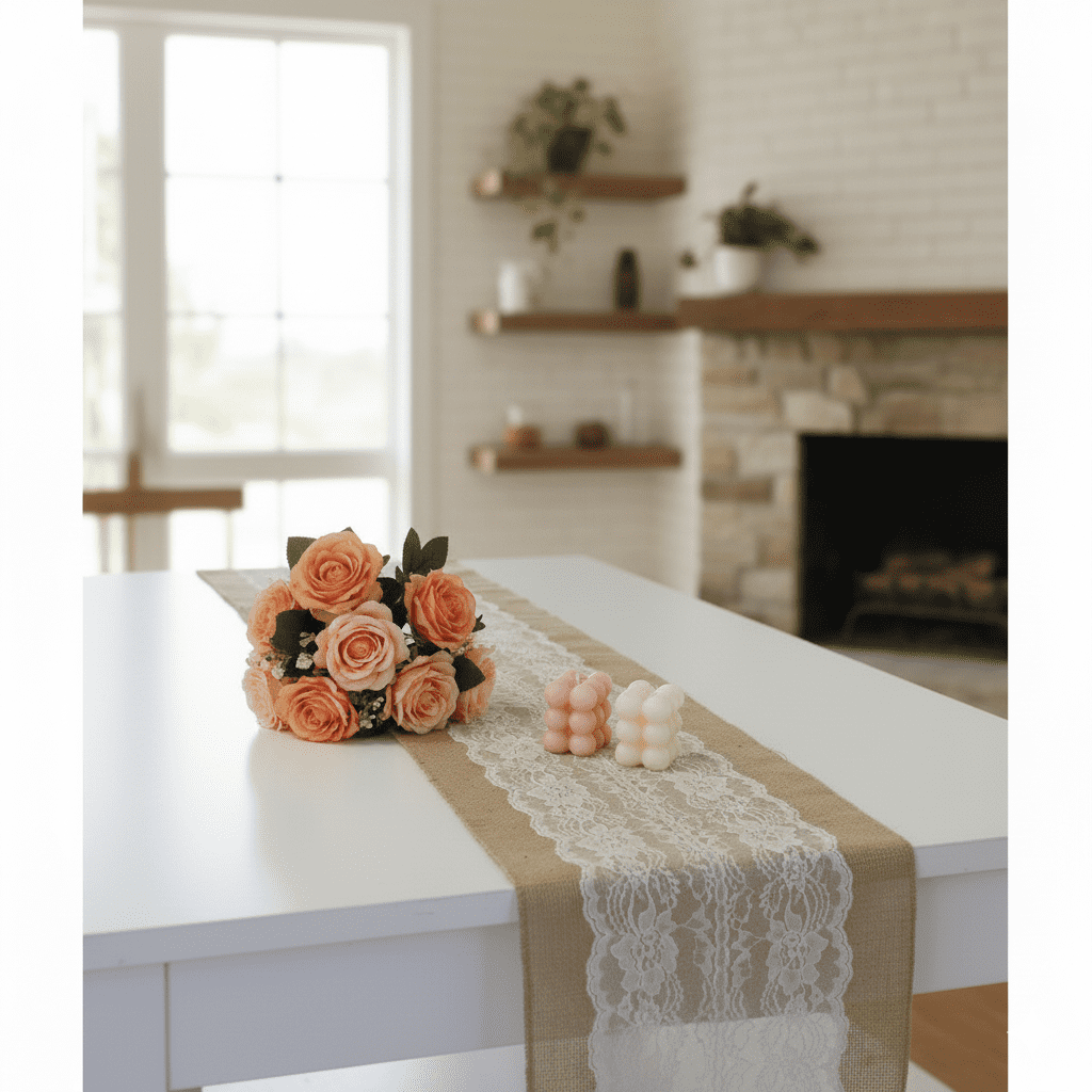 Rustic Burlap Table Runner 12 inches Width 108 inches Length Ivory Lace