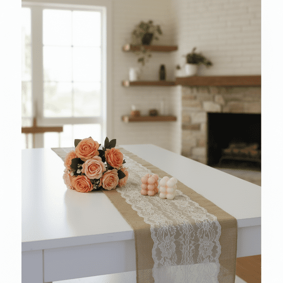 Rustic Burlap Table Runner 12 inches Width 108 inches Length Ivory Lace