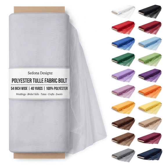 Sedona Designz Polyester Tulle Fabric Bolt 54 Inch Wide – 40 Yards Roll, Lightweight Sheer Tulle for Wedding Decorations, Tutus, Crafts, Party Decor, Bridal Veils & Event Backdrops