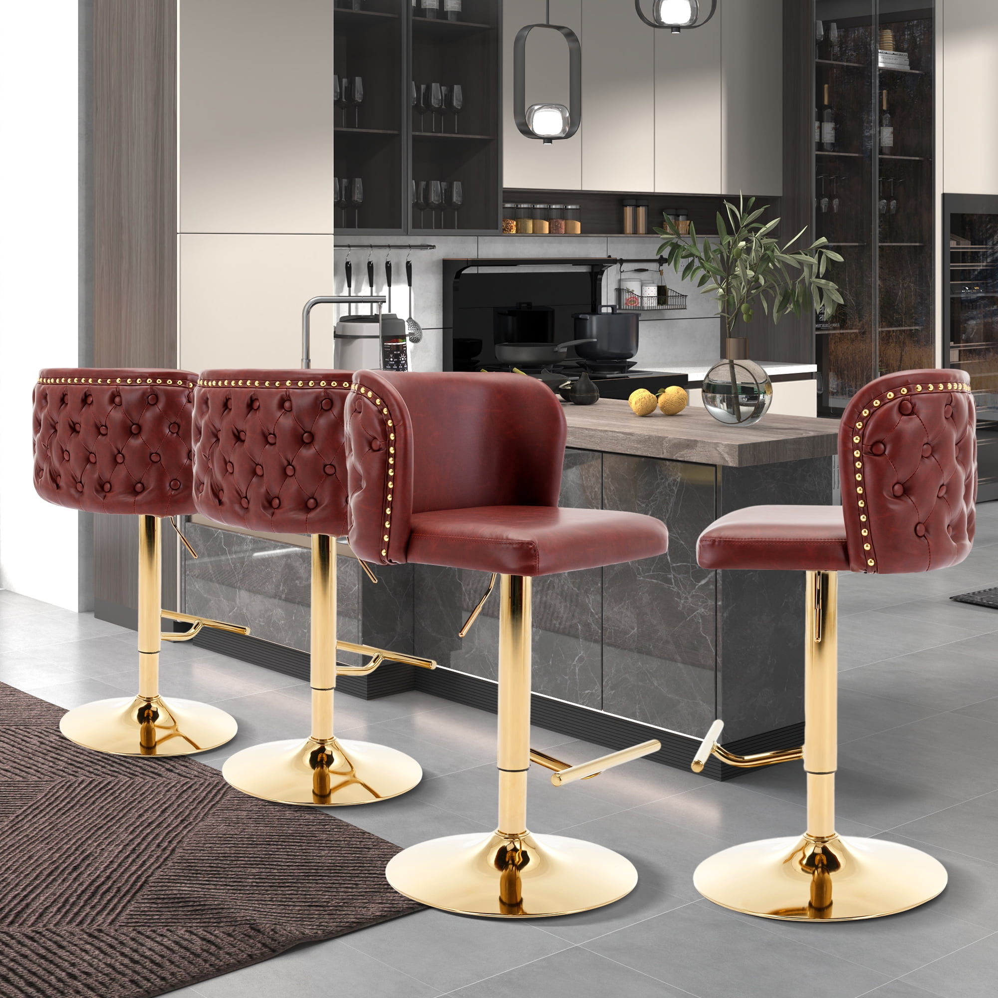 A&A Furniture,Swivel Barstools Adjusatble Seat Height, Modern PU Upholstered Bar Stools with the whole Back Tufted, for Home Pub and Kitchen Island(Wine Red, Burgundy, Set of 2)