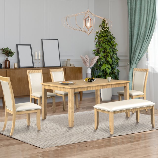Sedona House Dining Table Set of 6 with Bench, Rustic Solid Wood