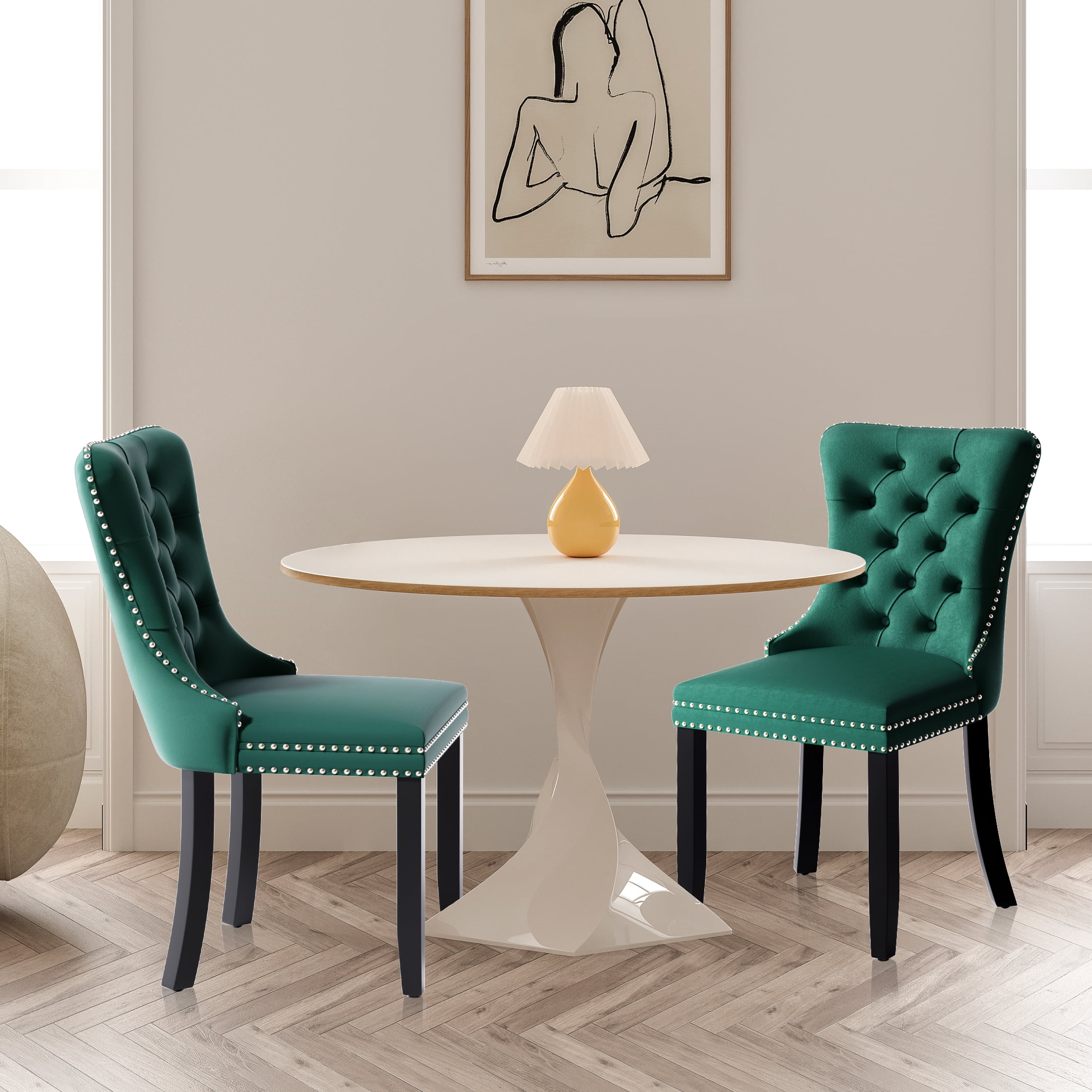 Green Velvet Upholstered High Back Side Chair with Wood Legs