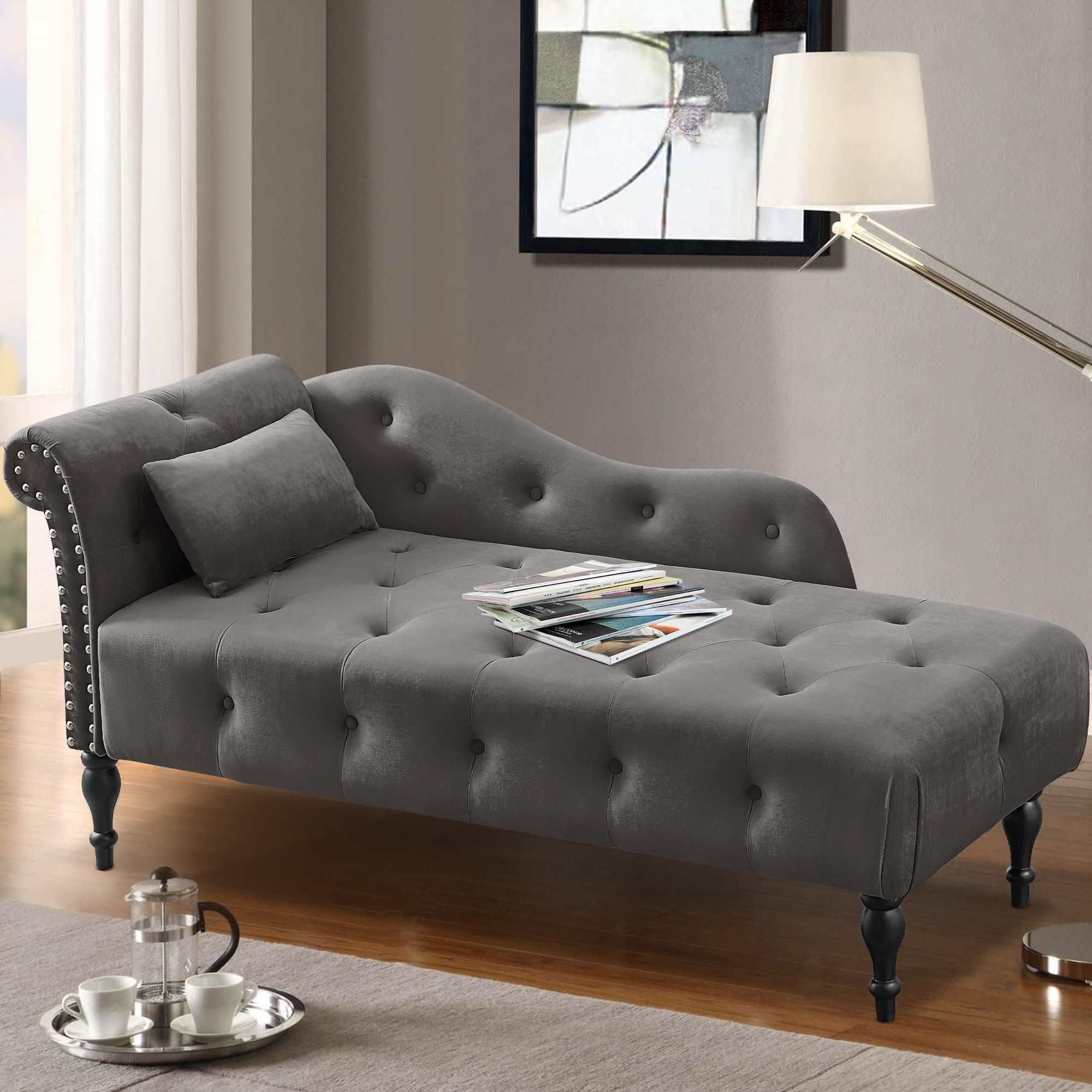 Sedona House Tufted Upholstered Velvet Rolled Arm Chaise Lounges Indoor