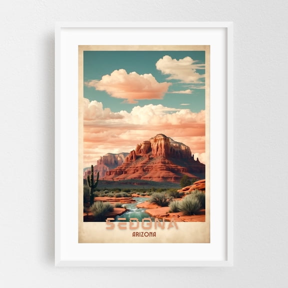 Sedona Vintage Travel Poster - Southwest Serenity Unveiled - Sedona Arizona Illustration White Framed Wall Art Print 16 x 24 inches