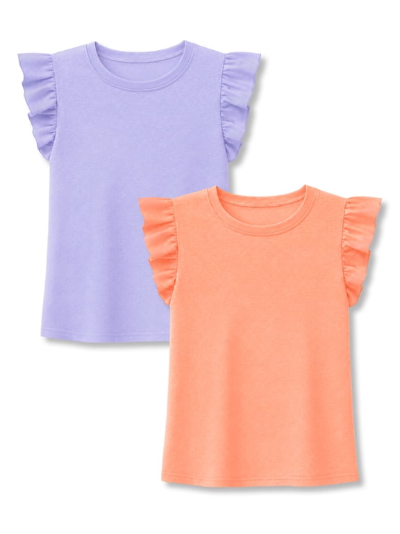 Sedormi Girls 2-Pack Basic Crew Neck Flutter Sleeve T-Shirts Lavender and Orange Heathered Cotton Soft Breathable Casual Tops Size 10