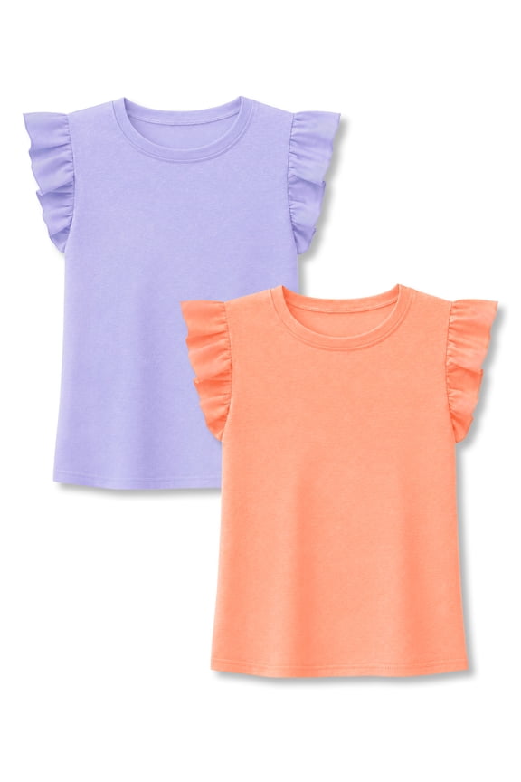Sedormi Girls 2-Pack Basic Crew Neck Flutter Sleeve T-Shirts Lavender and Orange Heathered Cotton Soft Breathable Casual Tops Size 10