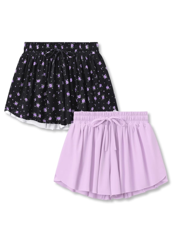 Sedormi Girls 2-in-1 Flowy Shorts Drawstring Athletic Black Floral & Purple Skort with Liner&Pocket 2-Pack Size 10