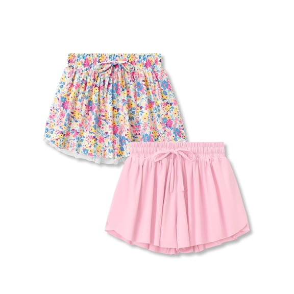 Sedormi Girls 2-in-1 Flowy Shorts Drawstring Athletic Floral & Pink Skort with Liner&Pocket 2-Pack Size 10