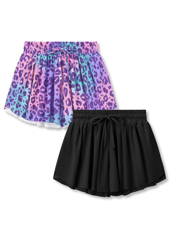Sedormi Girls 2-in-1 Flowy Shorts Drawstring Athletic Leopard & Black Skort with Liner&Pocket 2-Pack Size 10