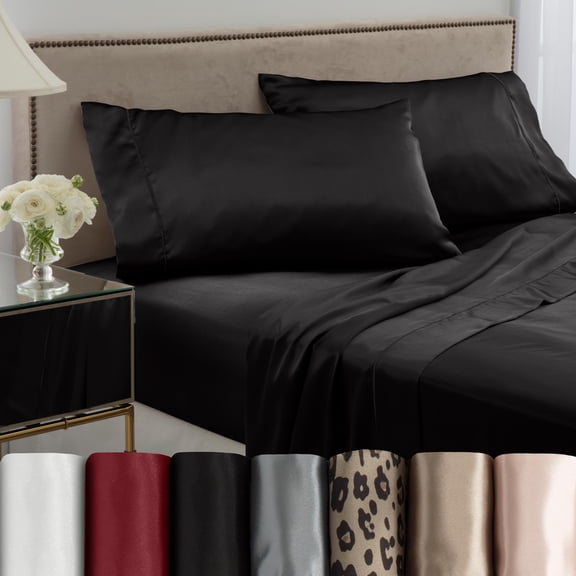 Martex Elegance 4-Piece Full Satin Sheet Set | Silky Smooth | Great for Hair & Skin | Black