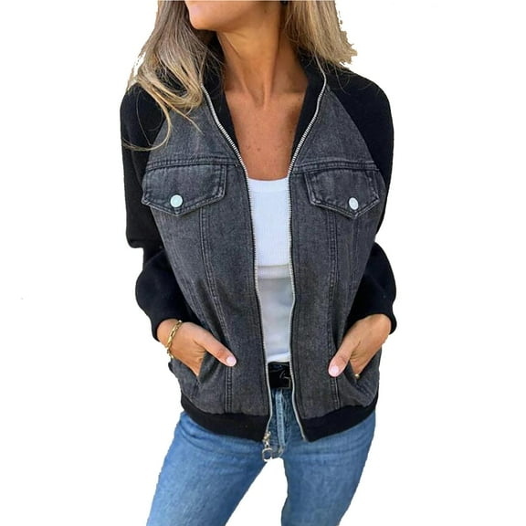 Seductiva 2025 Spring Jean Jackets for Women Shirts for Women Women's Long Sleeve Denim Jacket Stylish Casual Zipper Patch Women Work Color Block Denim Shirt Top Business Casual Work Tops Basic Tees