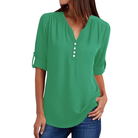Seductiva Basic T Shirts for Women Long Sleeve Shirts for Women Notched Button Women V Neck Tunic Chiffon Tops Ladies Blouses Casual Spring 2025 Comfy Casual Vacation Workout Clothes Casual Tops