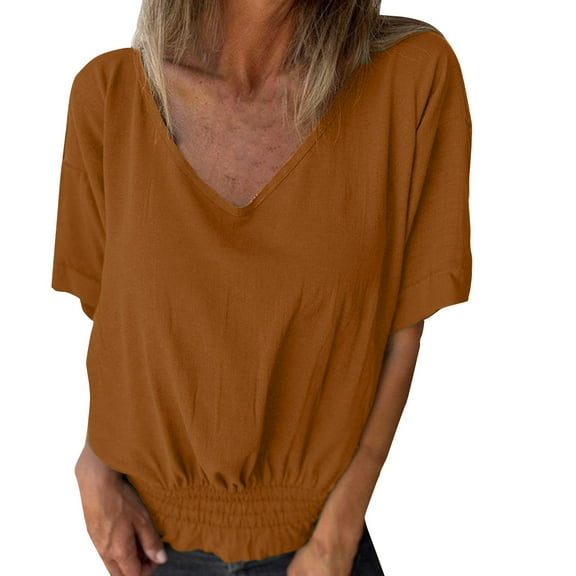 Seductiva Basic T Shirts for Women Summer Newomen Loose T Shirt for Women V Neck Casual Cotton and Linen Blouse Women Comfy Casual Vacation Workout Clothes Trendy Tunic Blouses