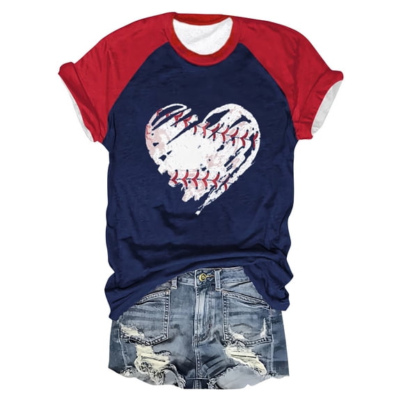 Seductiva Basic T Shirts Women's Color Block Raglan Baseball Letters Printed Round Neck Casual Short Sleeve Baseball T Shirt Comfy Casual Vacation Workout Clothes Outfits Workout