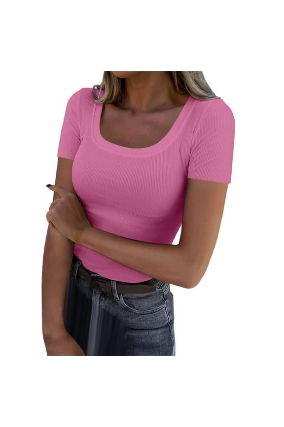 Basic T Shirts Women's Short Sleeve Scoop Neck Ribbed Knit Fitted Casual Tops Tee Summer Slim Basic Shirts Comfy Casual Vacation Workout Clothes Cute Trendy Blouses