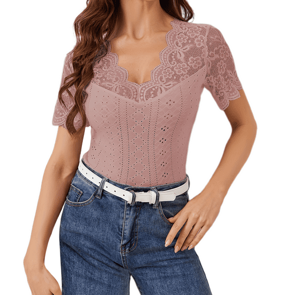 Seductiva Basic T Shirts for Women's Spring Solid Color Lace Hollowomen Splicing V Neck Lace Collar Slimming Short Sleeve T Shirt Comfy Casual Vacation Workout Clothes Lightweight Soft