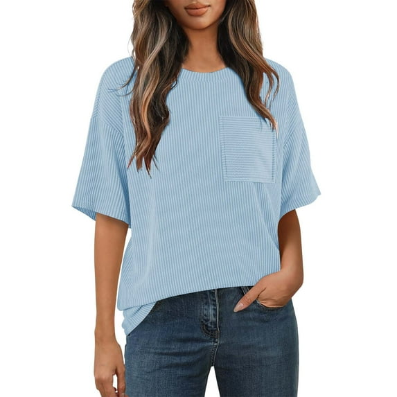 Seductiva Basic T Shirts for Women Casual Contrasting Striped Short Sleeve Pocket Round Neck T Shirt Comfy Casual Vacation Workout Clothes Womens Tops