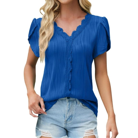 Seductiva Basic T Shirts for Women Casual Petal Lace V Neck Summer Fashion Shirt Top Comfy Casual Vacation Workout Clothes Fashion Basic Casual