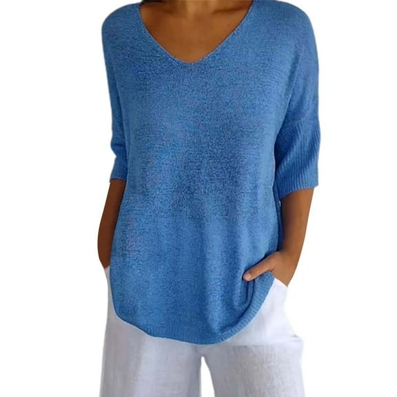 Seductiva Basic T Shirts for Women Short Sleeve Swomeneaters Tops V Neck Pullover Knit Shirts Loose Blouses Comfy Casual Vacation Workout Clothes