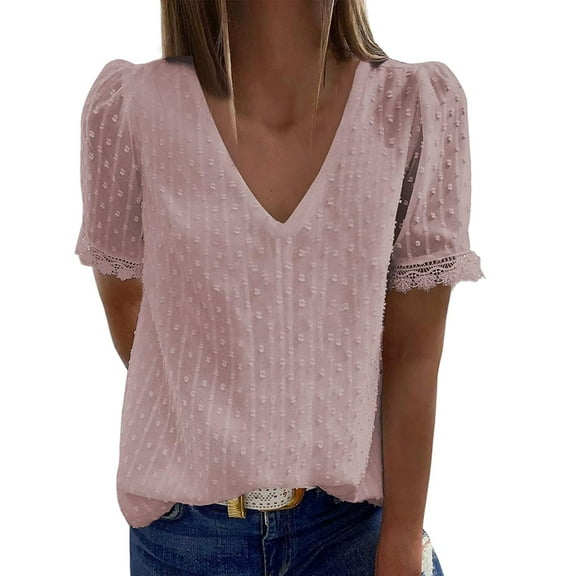 Seductiva Basic T Shirts for Women's V Neck Short Sleeve Lace Shirts Blouses Vintage Elegant Tunic Tops Comfy Casual Vacation Workout Clothes Summer Tops