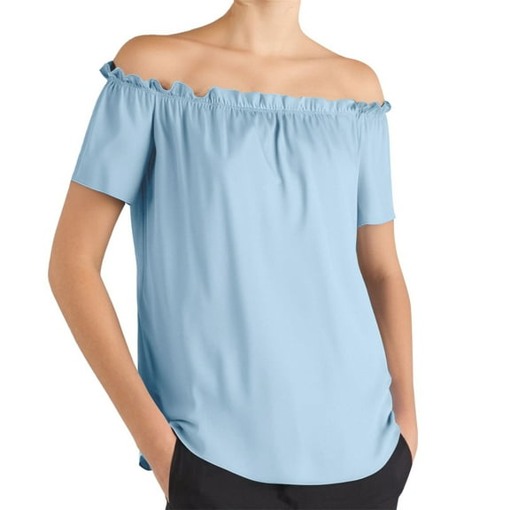 Seductiva Basic T Shirts for Women's off the Shoulder Ruffled Shirt one Line Shoulder Short Sleeve Top Comfy Casual Vacation Workout Clothes Fashion Basic Tees
