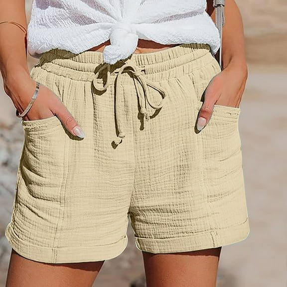 Seductiva Beige Summer Clothing Womens Casual Shorts Womens Casual Shorts Comfy Elastic Waist Drawstring Pocket Shorts Pants