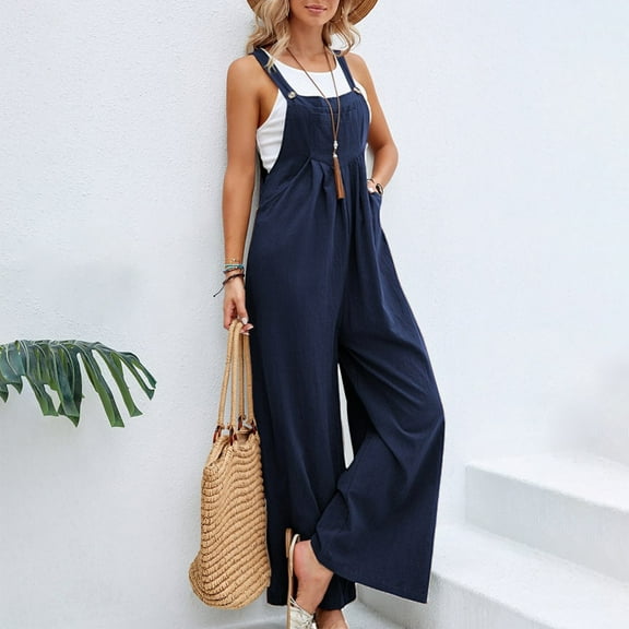 Seductiva Blue Women's Wide Leg Pants Women's Loose Fit Jumpsuit Overalls Lightweight Summer Romper with Adjustable Straps & Pockets, Casual Sleeveless Denim-Like Overalls for Beach