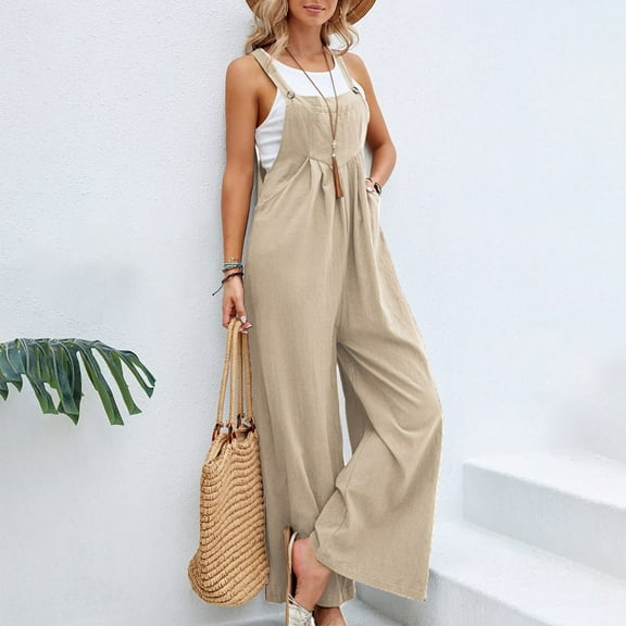 Seductiva Brown Women's Wide Leg Pants Women's Loose Fit Jumpsuit Overalls Lightweight Summer Romper with Adjustable Straps & Pockets, Casual Sleeveless Denim-Like Overalls for Beach