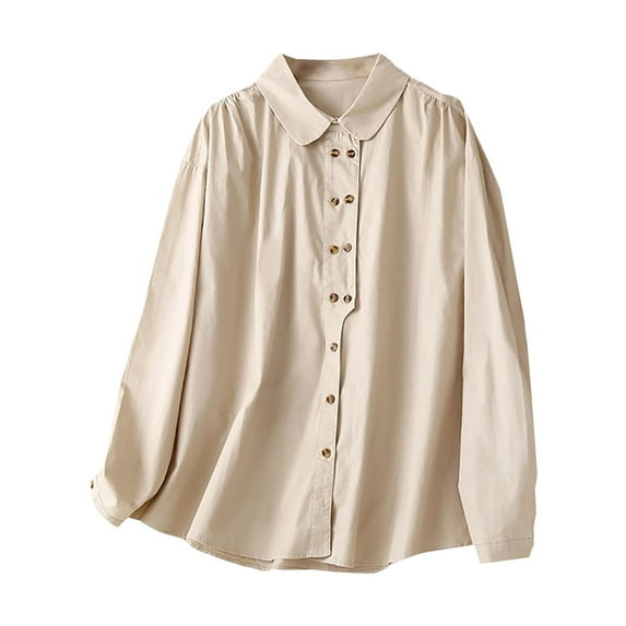 Seductiva Button Shirts for Women Female Retro Lapel Double Breasted Literary Shirt Solid Color Simple Cotton Linen Shirt Business Casual Work Tops Womens Summer Tops