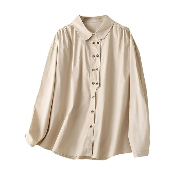 Seductiva Button Shirts for Women Female Retro Lapel Double Breasted Literary Shirt Solid Color Simple Cotton Linen Shirt Business Casual Work Tops Womens Summer Tops