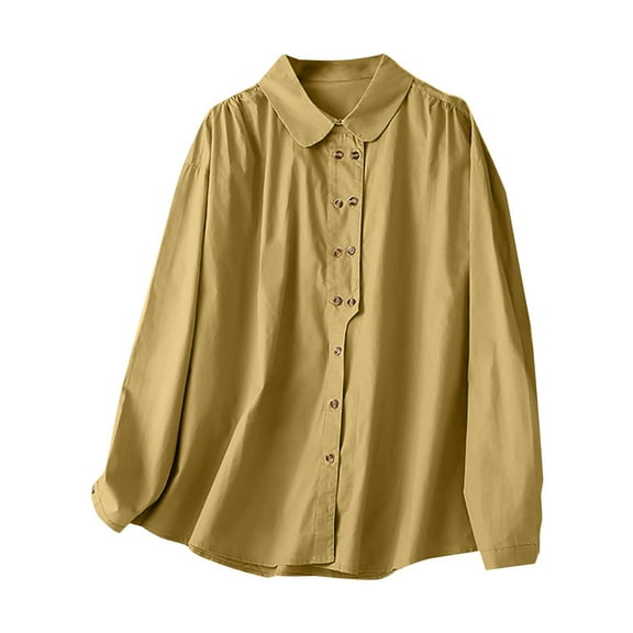 Seductiva Button Shirts for Women Female Retro Lapel Double Breasted Literary Shirt Solid Color Simple Cotton Linen Shirt Business Casual Work Tops Beach Vacation Clothes