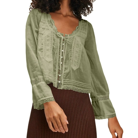 Seductiva Button Shirts for Women Long Sleeve Lace Blouse Tops Vacation Front Tie Solid Elegant Tops Business Casual Work Tops Fashion Basic Tees