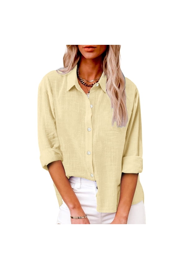 Button Shirts for Women Women's Solid Color Stand Up Collar Cotton and Line Long Sleeve Shirt Blouse Business Casual Work Tops Outfits Workout