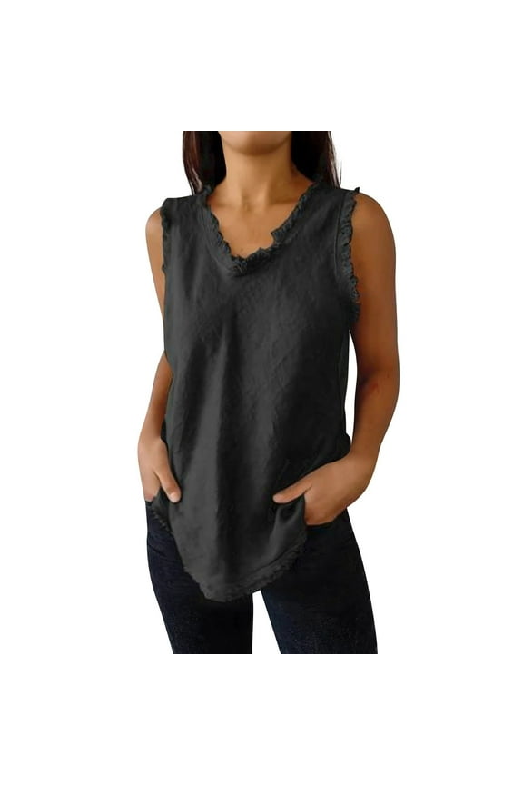 Camisole Tank Tops for Women Linen Sleeveless Tops for Women Summer Trendy Plain Ruffled V Neck Tank Shirts Casual Cool Edge Hem Camisoles Sleeveless Basic Cami Top Shirt Basic Tees