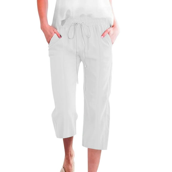 Seductiva Casual Pants for Women Linen Pants Women Summer Wide Leg Capri Pants Drawstring Elastic Waist Pants High Waisted Pants Casual Beach Trousers Beach Pants Loose Fit