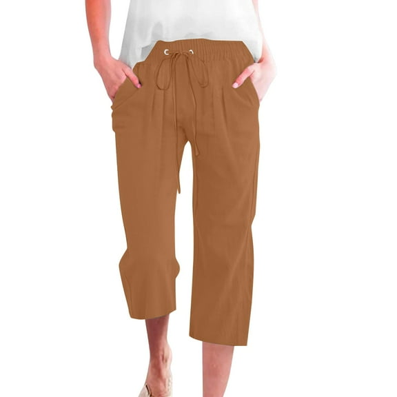 Seductiva Casual Pants for Women Linen Pants Women Summer Wide Leg Capri Pants Drawstring Elastic Waist Pants High Waisted Pants Casual Beach Trousers Beach Pants Loose Fit